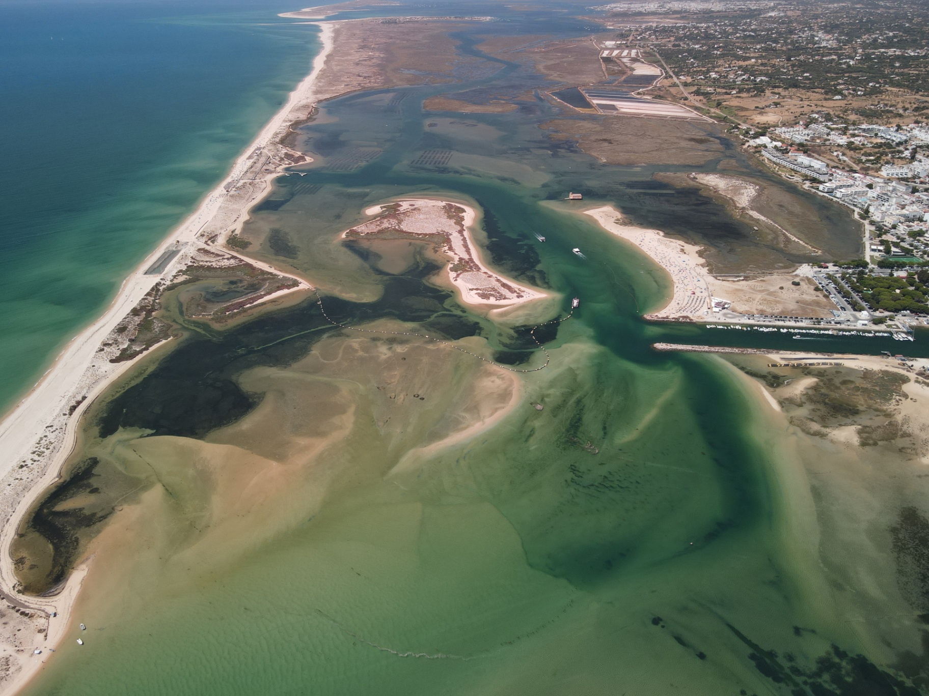 Aerial panorama of Ria Formosa lagoon, sandbanks and Fuseta